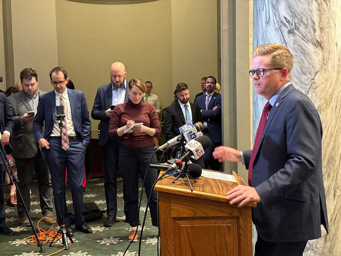 Senate President Pro Tem Caleb Rowden, a Columbia Republican, speaks to reporters.