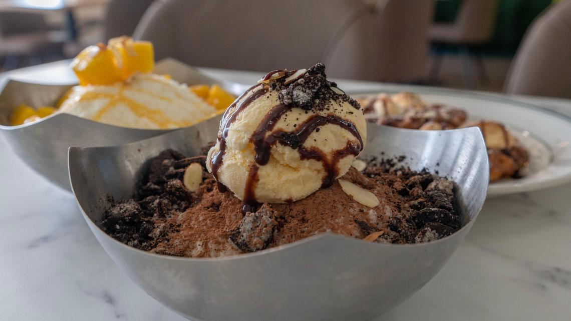 Oreo bingsu topped with Oreo cookie crumbs, chocolate syrup and vanilla ice cream is served at Leafy Korean Dessert Cafe.