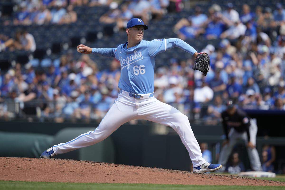 Royals right-handed pitcher James McArthur delivers to the Cleveland Guardians during a June 30, 2024 game at Kauffman Stadium in Kansas City.