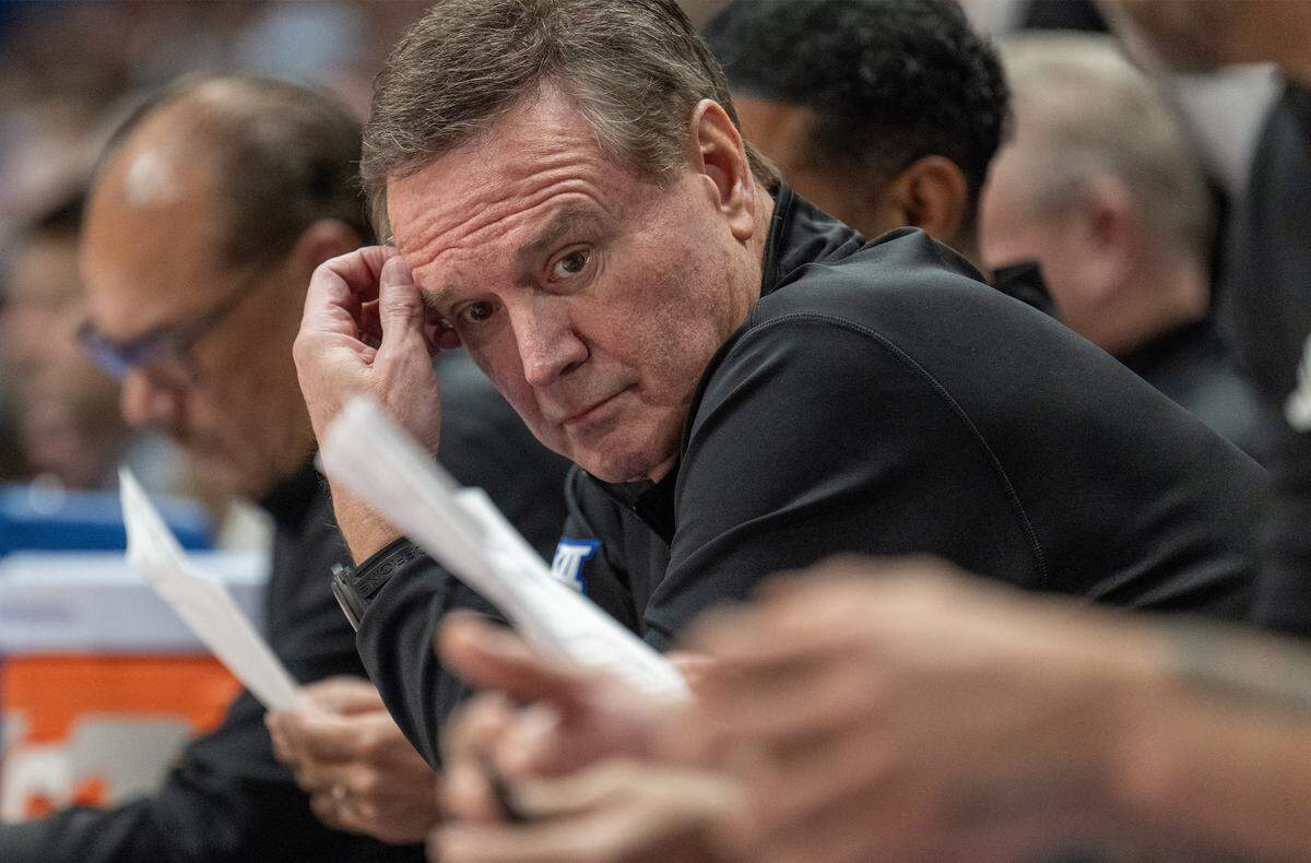 Kansas Coach Bill Self in the second half against Texas A&M-CC Islanders guard at Allen Fieldhouse on Tuesday, November 11, 2025, in Lawrence.