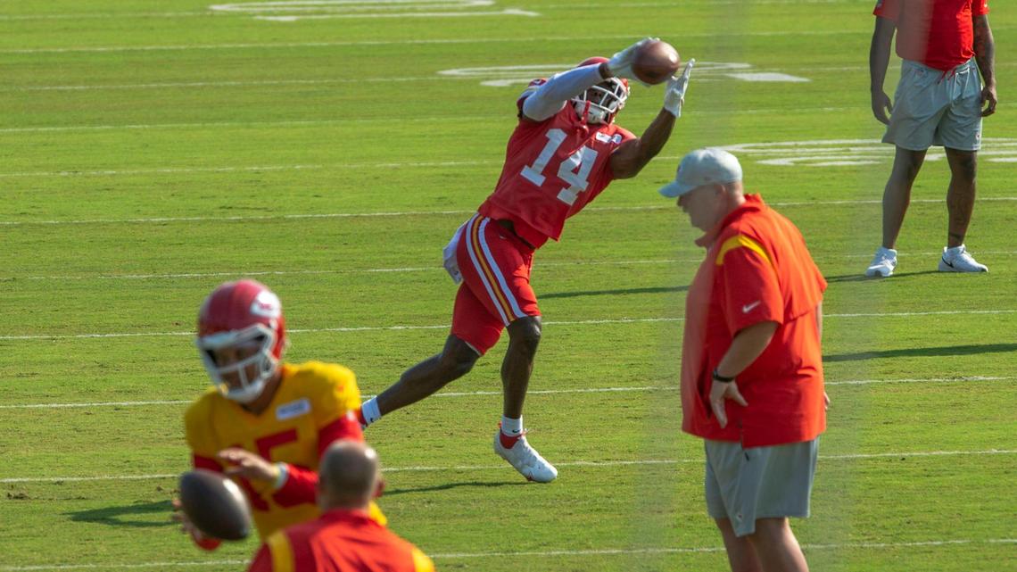Kansas City Chiefs wide receiver Cornell Powel (14) runs through drills during the first padded practice at Chiefs training camp on Monday, Aug. 1, 2022, in St. Joseph.