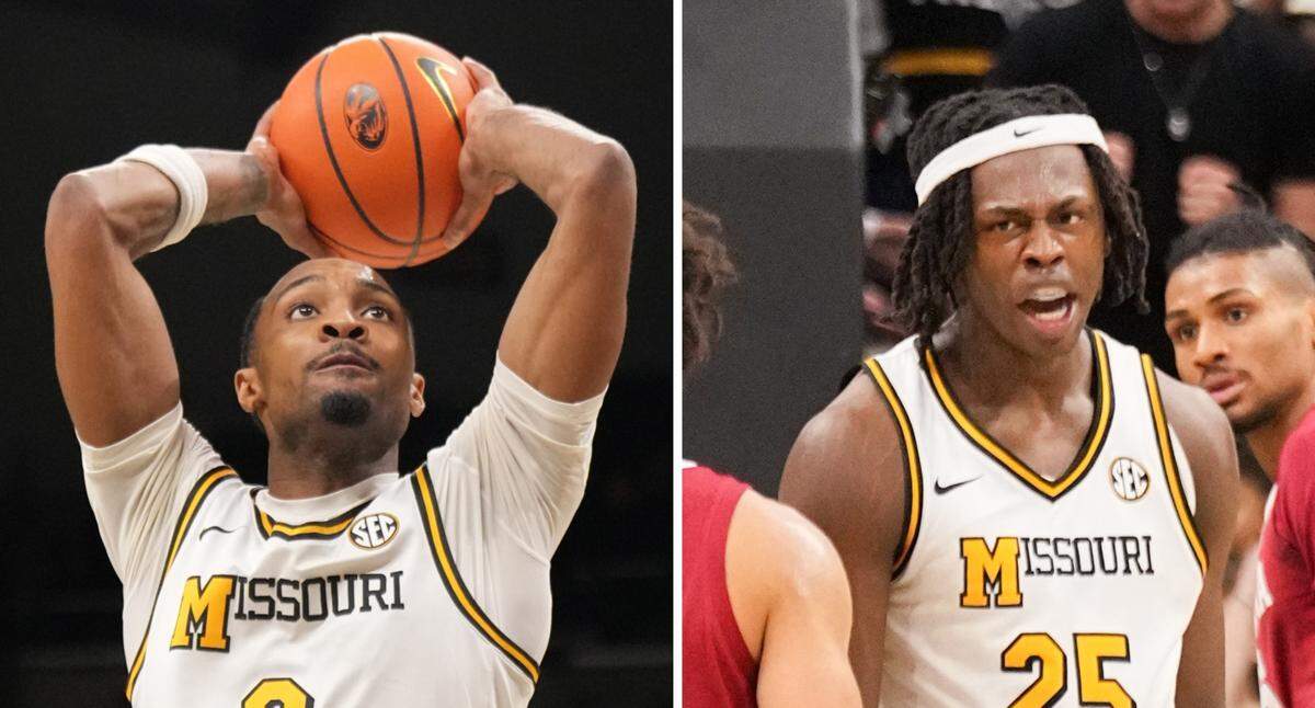 A pair of Kansas City products, Tamar Bates (left) and Mark Mitchell, have helped propel the Missouri Tigers men’s basketball team to the 2025 NCAA Tournament. Mizzou opens against Drake in Wichita on Thursday.