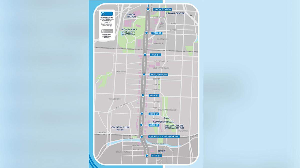 The planned stops along the extended KC Streetcar route.