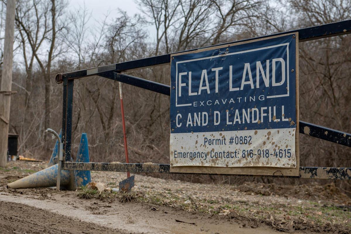 The entrance to Flat Land’s landfill in Easton, Kansas, is seen on March 23. The site has been the source of dozens of complaints.