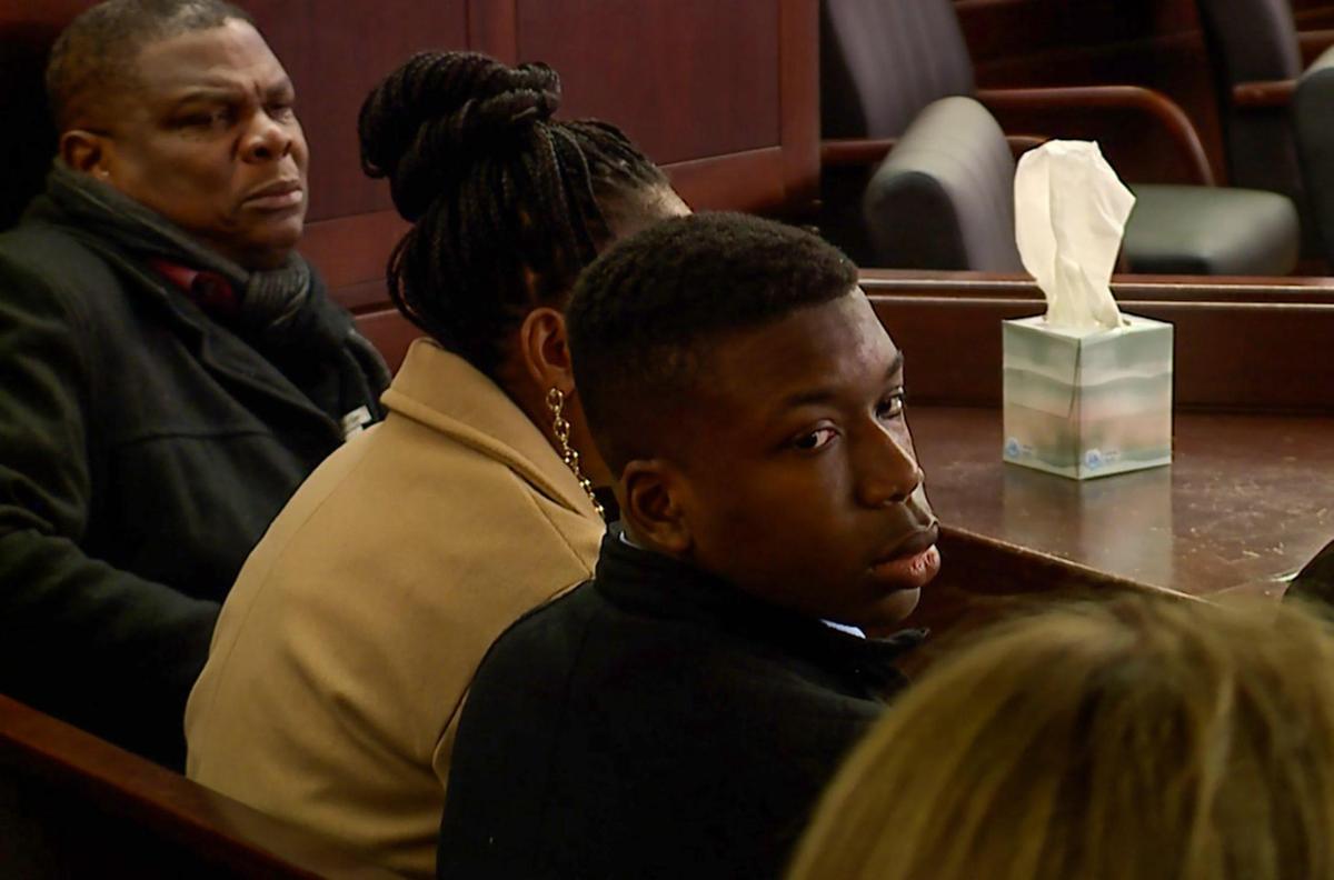 Ralph Yarl sits in on the court proceedings where Andrew Lester pleaded guilty to a second-degree assault charge, a felony, in Clay County Circuit Court on Friday, Feb. 14, 2025 in Liberty, Missouri. Ralph Yarl, who was 16 at the time, went to the wrong house on the wrong street while trying to pick up his younger brothers when allegedly Lester shot him.
