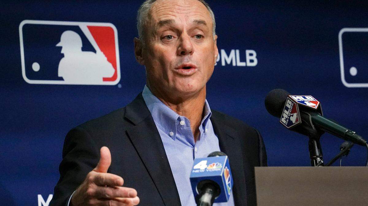 Major League Baseball commissioner Rob Manfred speaks during a news conference, Thursday March 10, 2022, in New York. Major League Baseball’s acrimonious lockout ended Thursday when a divided players’ association voted to accept management’s offer to salvage a 162-game season that will start April 7. (AP Photo/Bebeto Matthews)