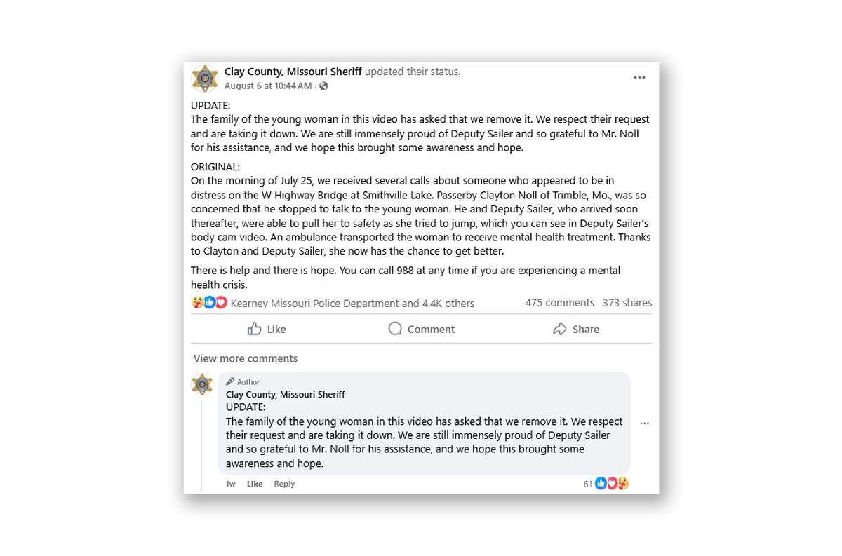 The Clay County Sheriff’s Office posted body camera video on social media showing a woman in mental crisis, sitting on a highway bridge, then backtracked and took it down at the request of the woman’s family.