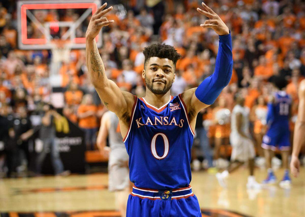 Kansas Jayhawks guard Frank Mason III (0) reacts after the game against the Oklahoma State Cowboys at Gallagher-Iba Arena in Stillwater, Okla., on March 4, 2017.