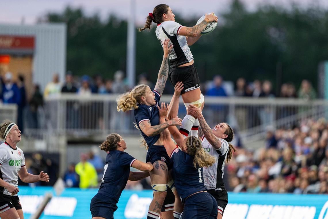 Players lift each other in the air for a throw-in during the USA vs. Canada rugby match at CPKC Stadium on Friday, May 2, 2025. Canada won the match 26-14.