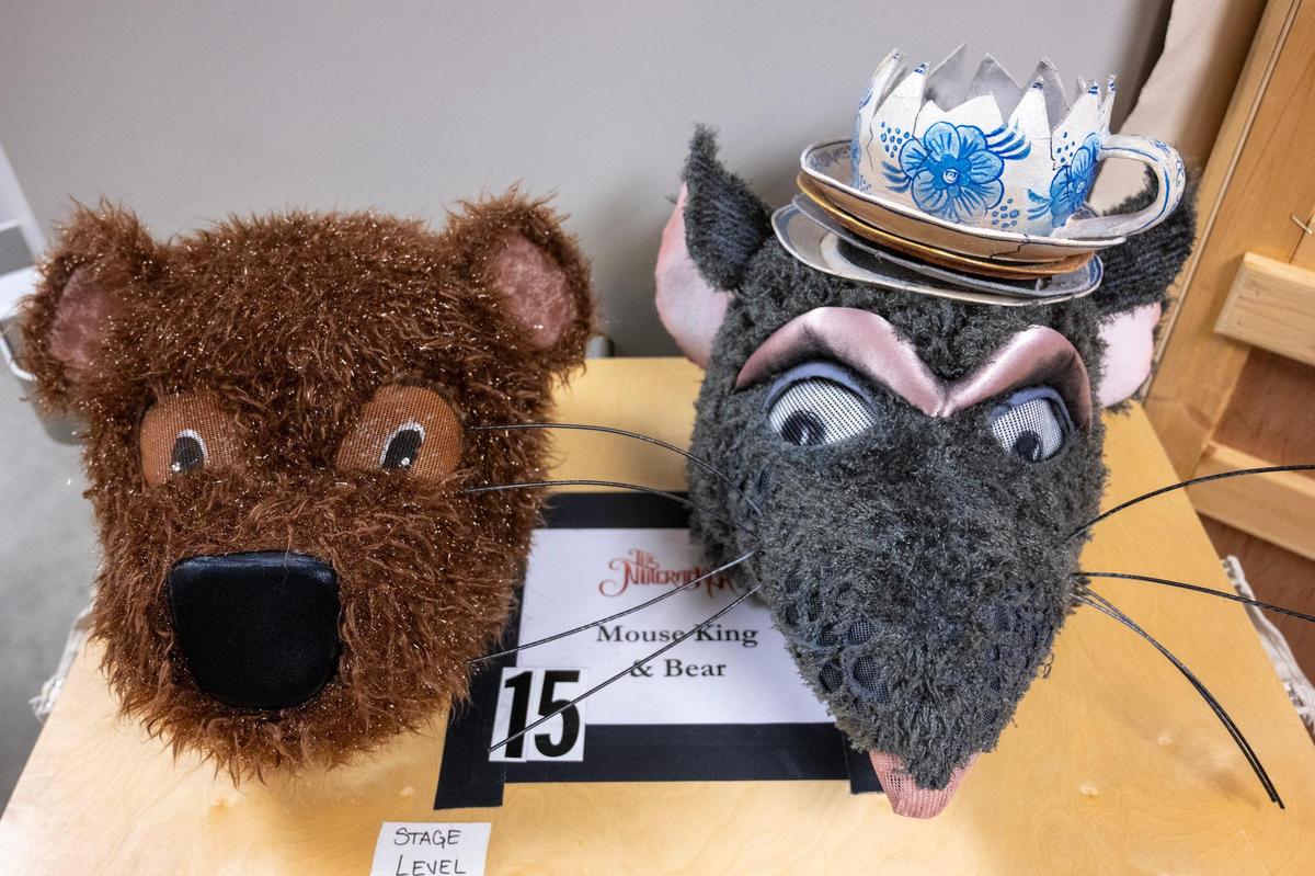 Costume heads for the Bear and Mouse King sit backstage after being uncrated during the load-in for “The Nutcracker” on Nov. 26, 2024, at the Kauffman Center for the Performing Arts.