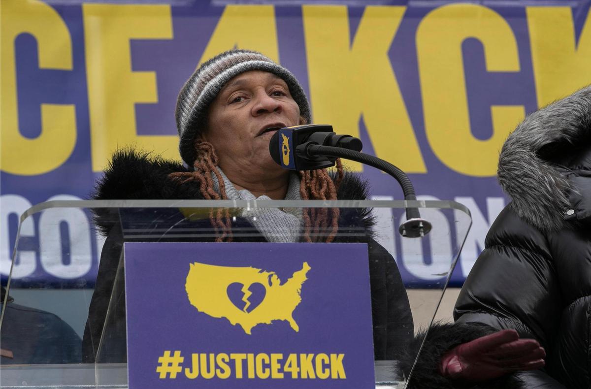 Ophelia Williams, who prosecutors say was raped by former Kansas City, Kansas, police detective Roger Golubski, spoke at a rally Thursday outside City Hall calling for a Justice Department investigation into KCK police.