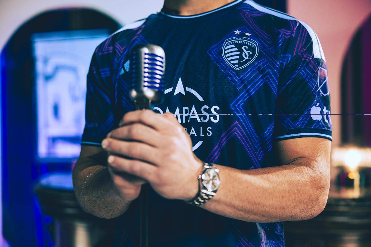 Sporting KC goalkeeper John Pulskamp models the club’s “18th & Vine” secondary jersey for the 2026-27 Major League Soccer season.