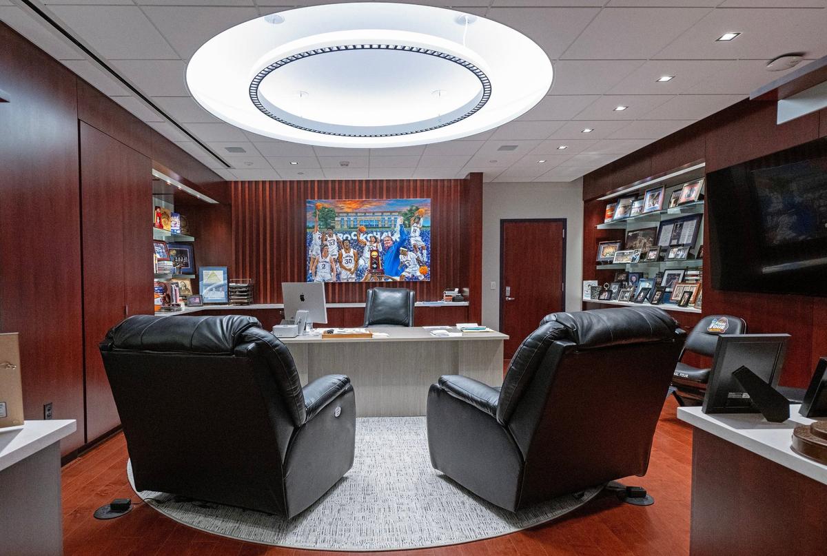 The view entering Bill Self’s inner office, which was remodeled after Kansas won the 2022 national title.
