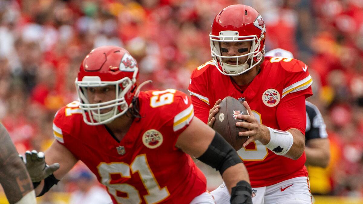 Kansas City Chiefs quarterback Blaine Gabbert (9) takes a snap in the first half during a preseason game against the Cleveland Browns at GEHA Field at Arrowhead Stadium on Saturday, Aug. 26, 2023, in Kansas City.