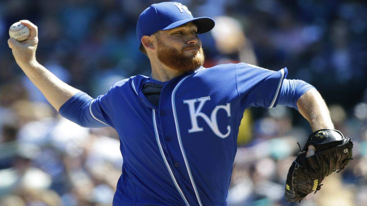 Kansas City Royals starting pitcher Ian Kennedy throws against the Seattle Mariners in the first inning of a baseball game, Sunday, May 1, 2016, in Seattle. 