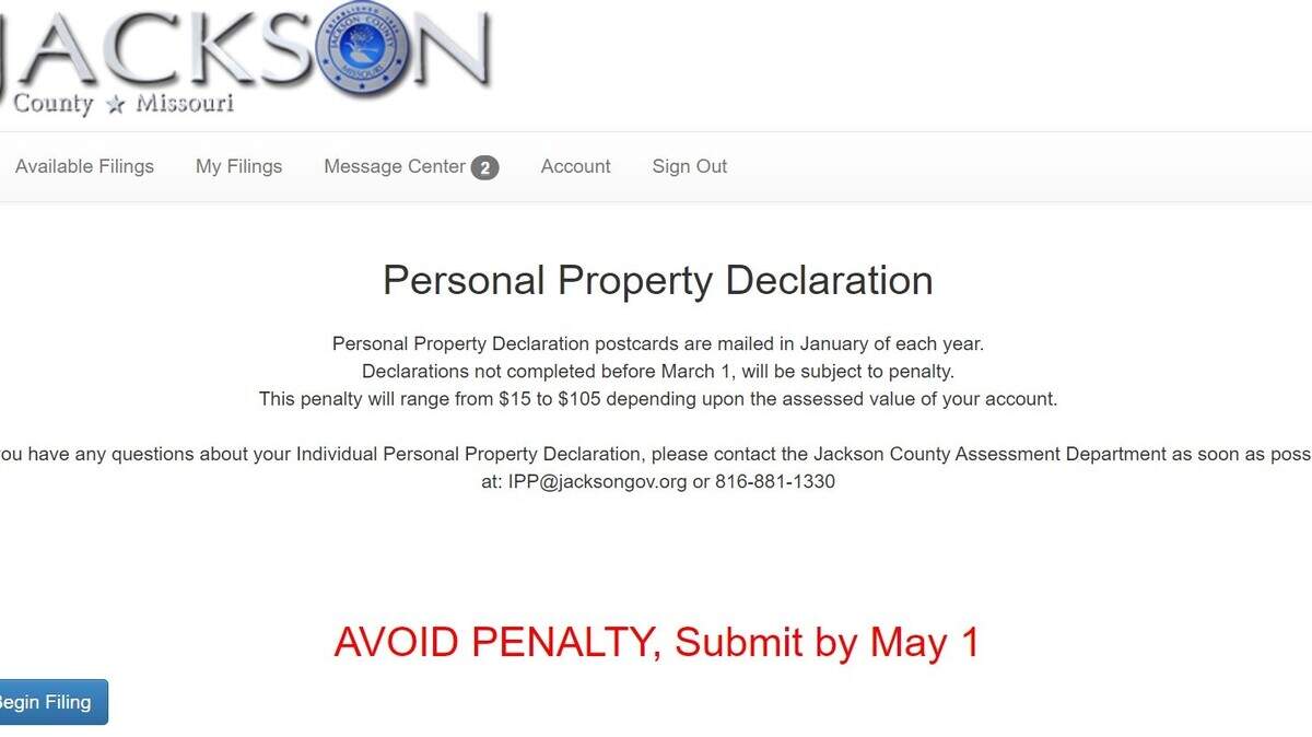 Two conflicting deadlines for declaring your personal property are shown on this Jackson County assessment portal homepage.