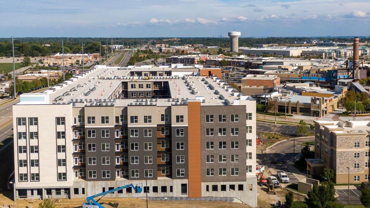 Legends 267, a new, luxury apartment complex under construction on Wednesday, Oct. 4, 2023, adjacent to the Legends Outlets in Kansas City, Kansas. The general contractor, Luke Draily Construction Co., expects the complex to be ready for residents to move in on Feb. 1, 2024.