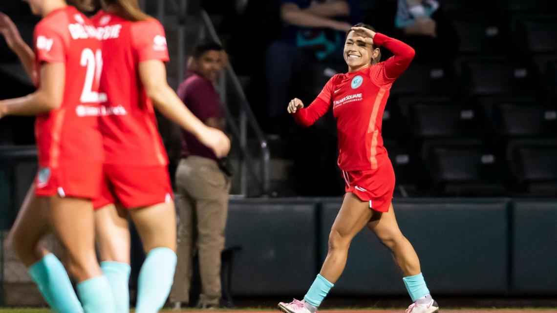 Kansas City midfielder Lo’eau LaBonta celebrates after scoring her first goal of the season during Wednesday evening’s game against the Houston Dash at Legends Field in Kansas City, Kan.