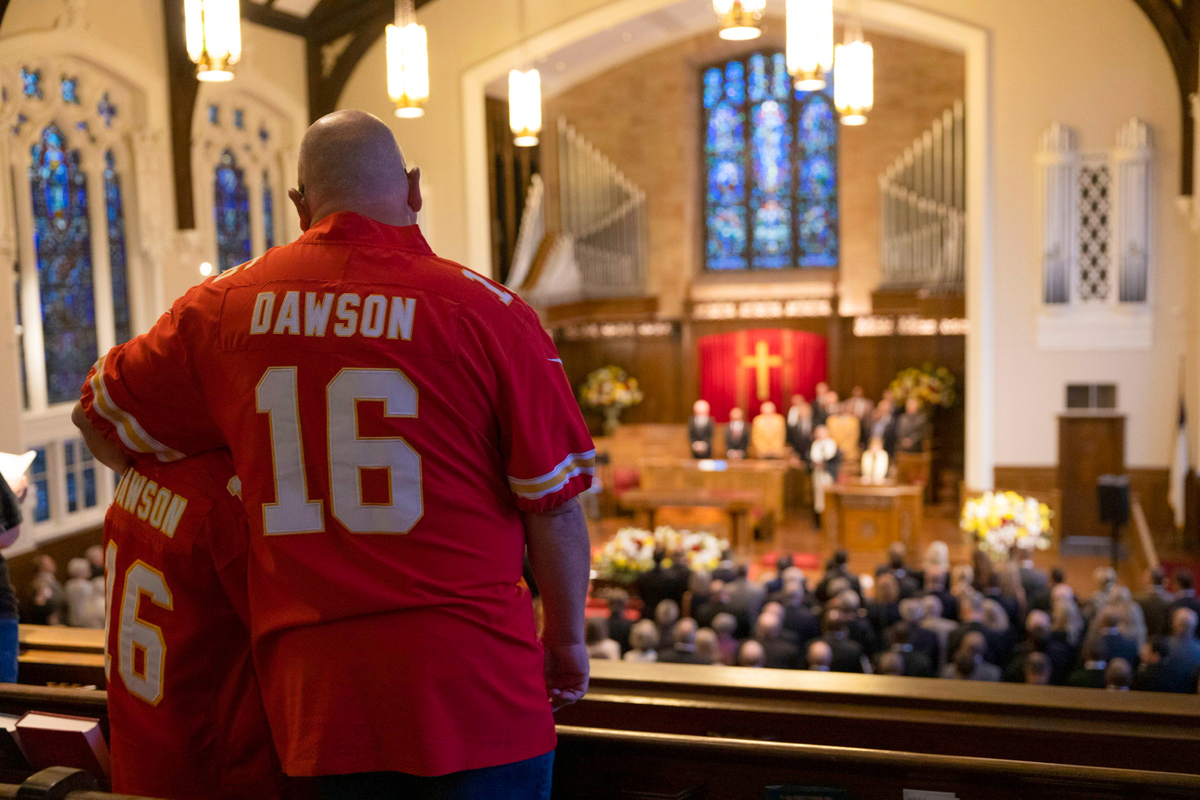 Attendees at the funeral for former Kansas City Chiefs quarterback Len Dawson wore number 16 jerseys in honor of Dawson Friday, September 16, 2022, at Country Club Christian Church. Dawson died in August. He led the Chiefs to their first Super Bowl victory in 1970 and is enshrined in the Pro Football Hall of Fame.