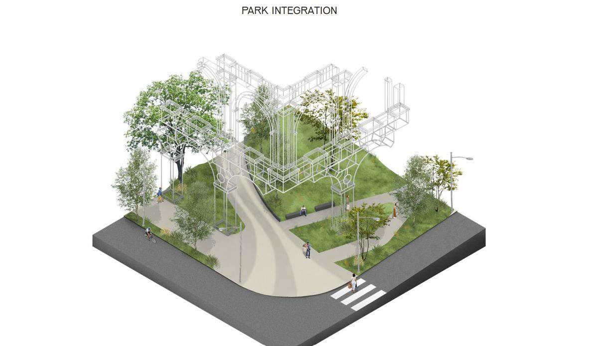 Rendering of a corner of the new Barney Allis Plaza that includes installation of a part of “Kansas City Spirit, Memory and Resilience,” in which thin steel tubes will evoke the architecural facade of KC’s 1899 Convention Hall.