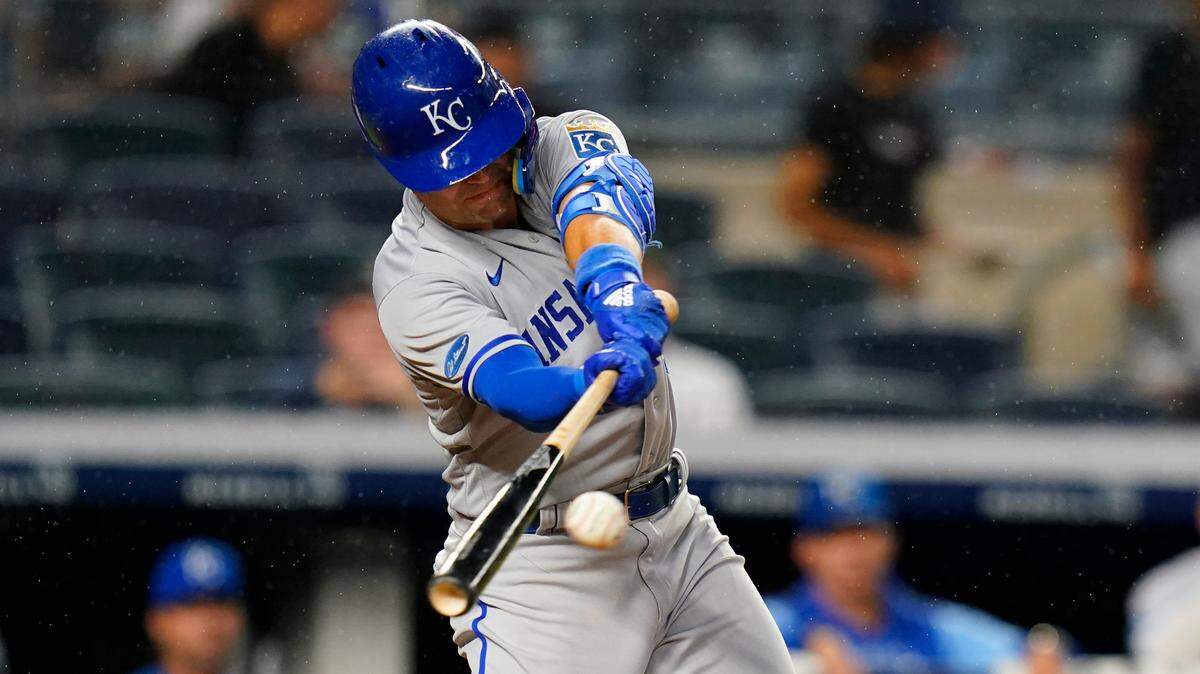 Kansas City Royals’ Whit Merrifield hits a two-run single during the fifth inning of the team’s baseball game against the New York Yankees on Friday, July 29, 2022, in New York. (AP Photo/Frank Franklin II)