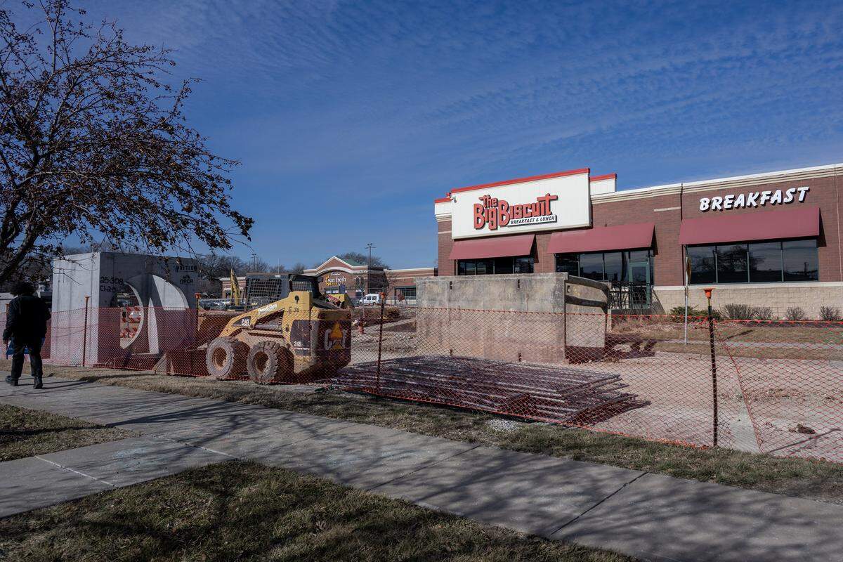 Construction equipment and barriers line Mill Street near The Big Biscuit on Thursday, Jan. 22, 2026, in Kansas City.