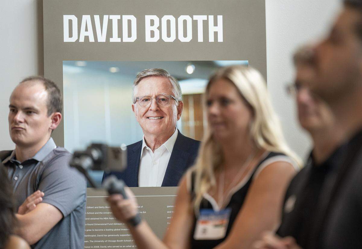 A photo of benefactor David Booth is on display at the new David Booth Kansas Memorial Stadium on Tuesday, Aug. 19, 2025, at the University of Kansas in Lawrence.  