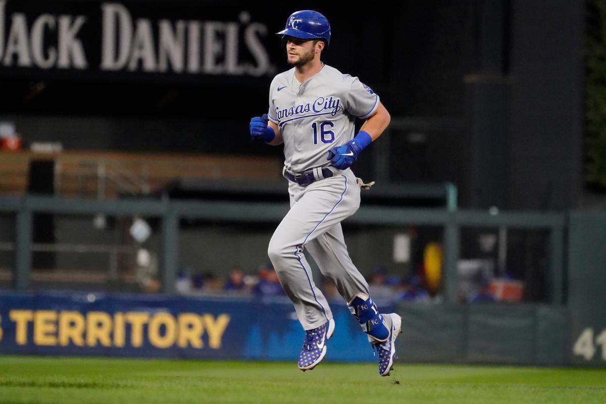 Kansas City Royals’ Andrew Benintendi runs the bases on a three-run home run off Minnesota Twins pitcher Griffin Jax during the first inning of a baseball game Friday, Sept. 10, 2021, in Minneapolis. (AP Photo/Jim Mone)