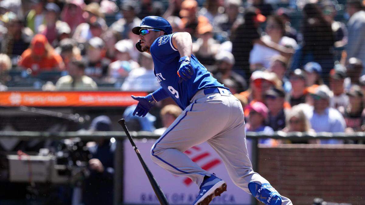 Kansas City Royals first baseman Vinnie Pasquantino (9) hits a double against the San Francisco Giants during the fourth inning at Oracle Park on April 9, 2023.