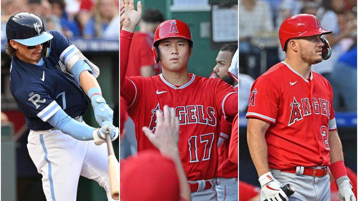 Photo collage (left to right): Bobby Witt Jr. and the Kansas City Royals faced Angels stars Shohei Ohtani and Mike Trout at Kauffman Stadium on June 16, 2023.