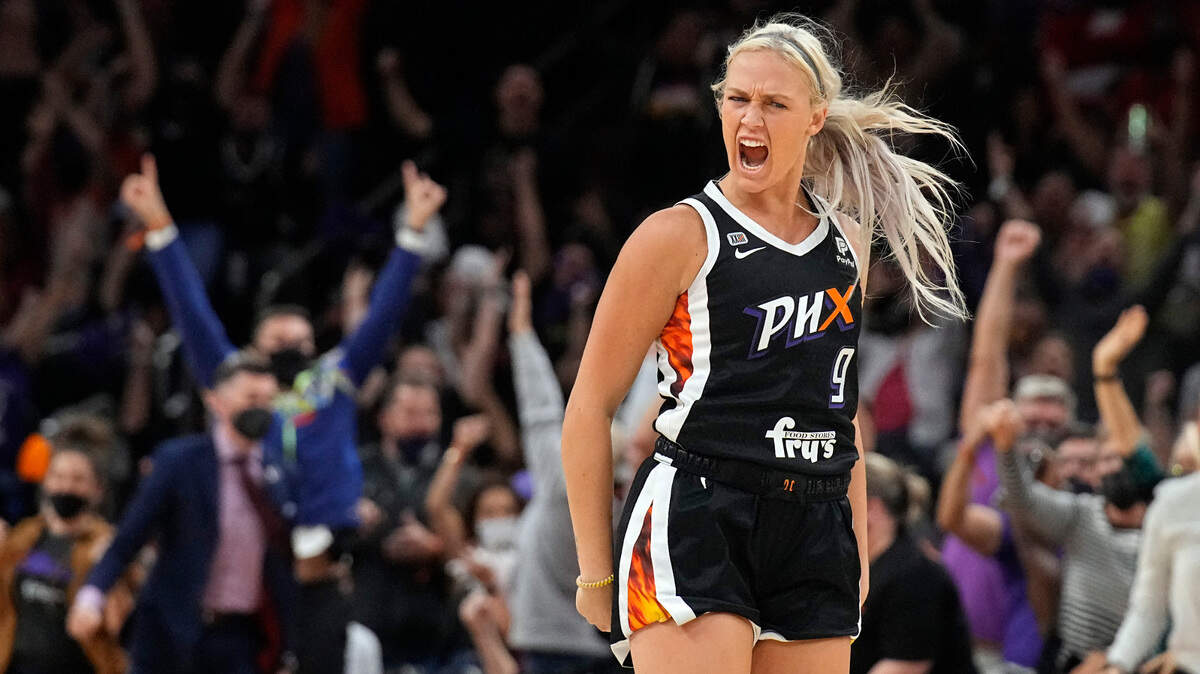 Phoenix Mercury guard Sophie Cunningham reacts after scoring against the Chicago Sky during the first half of Game 2 of basketball’s WNBA Finals, Wednesday, Oct. 13, 2021, in Phoenix. (AP Photo/Rick Scuteri)