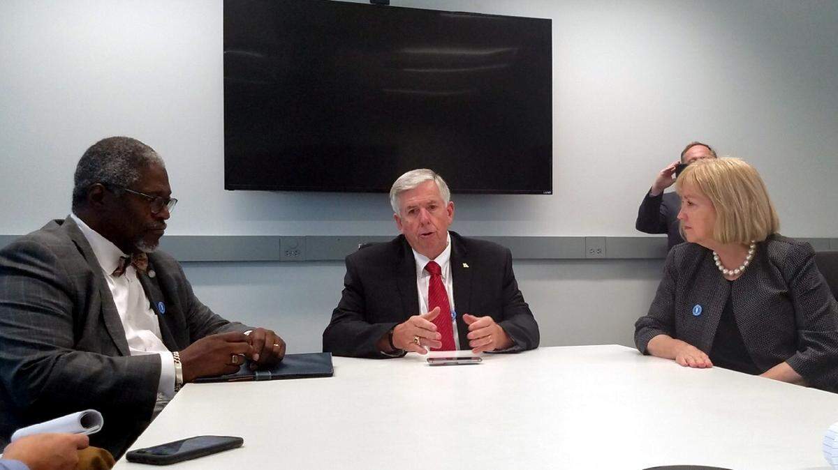 From left: Kansas City Mayor Sly James, Missouri Gov. Mike Parson and St. Louis Mayor Lyda Krewson