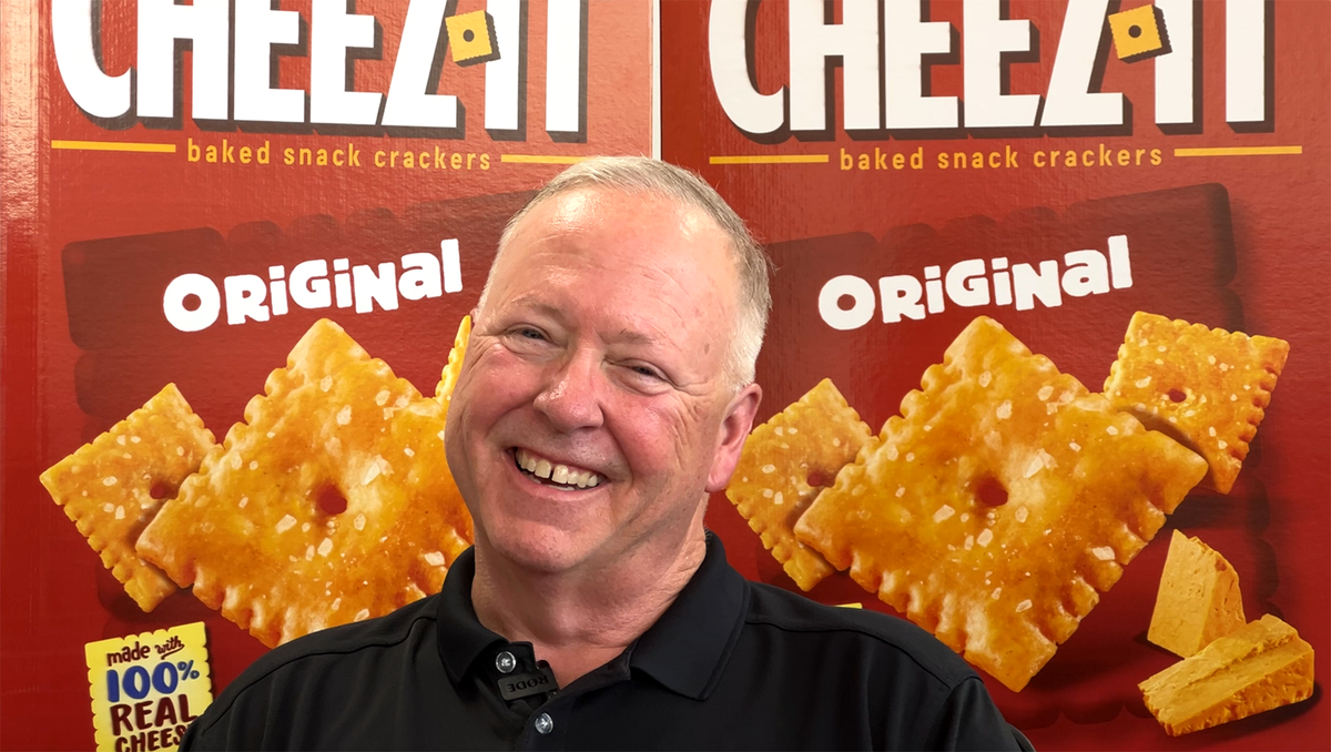 Dave Willis, Plant Director of Kellanova Kansas City Bakery, describes the Cheez-It making process including the bakery’s giant ovens which churn out 53,000 one-inch square crackers per minute. Or put another way: 6,000 miles of Cheez-Its a day.