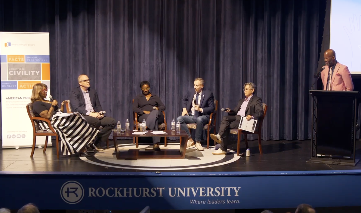 A screenshot from American Public Square’s “Diversity, Equity, Inclusion & Controversy” panel event. From left, Yvette Walker, Graham Parsons, Monica Harris, Pete Mundo, Mary Ann Villareal and Toriano Porter.