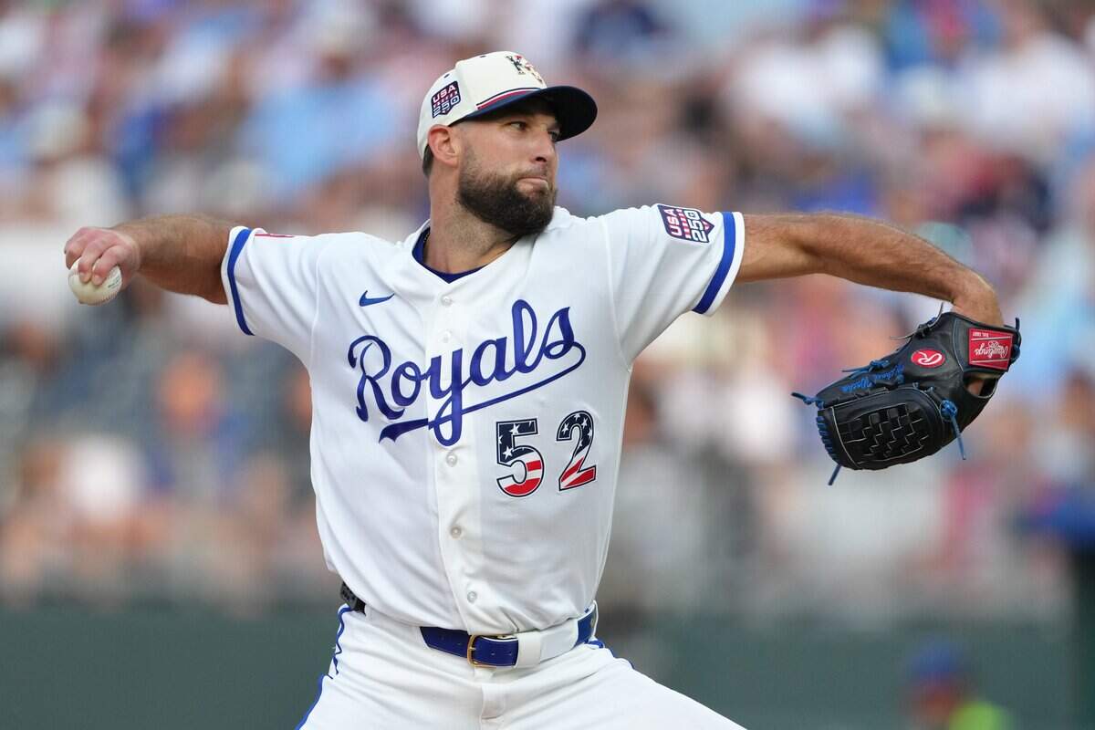 KANSAS CITY, MISSOURI - JULY 04: Michael Wacha #52 of the Kansas City Royals throws against the Philadelphia Phillies in the first inning at Kauffman Stadium on July 04, 2026 in Kansas City, Missouri. (Photo by Ed Zurga/Getty Images)
