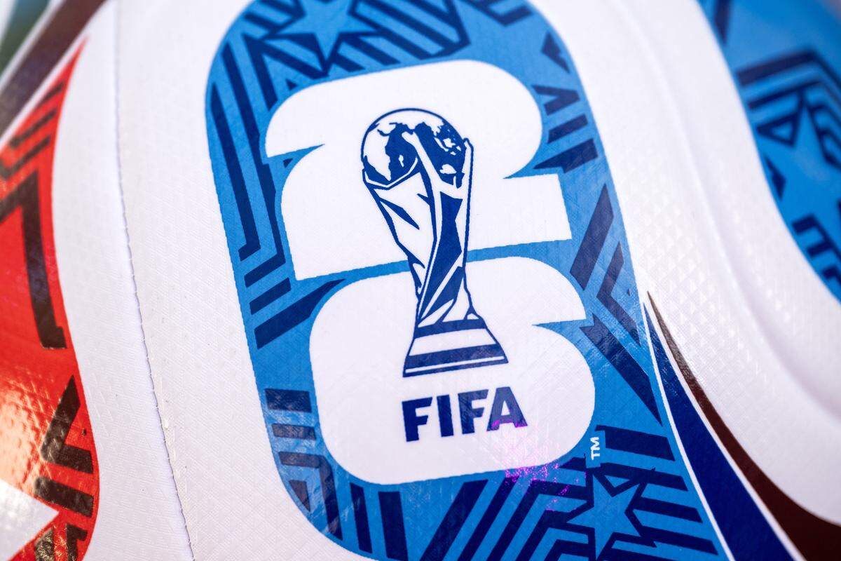 The FIFA World Cup logo is featured on a soccer ball during the FIFA World Cup draw watch party at the Power & Light District on Friday, Dec. 5, 2025, in Kansas City.