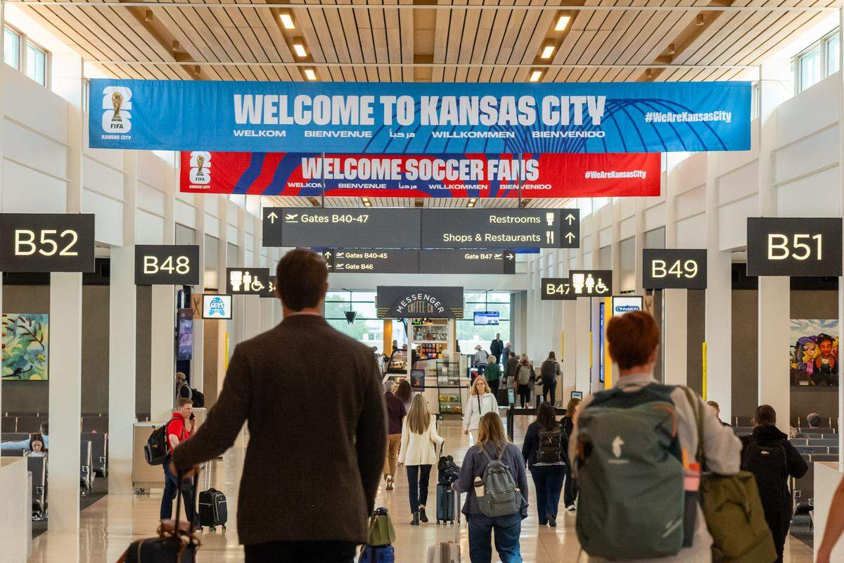 World Cup 2026 signage is on display at Kansas City International Airport on Wednesday, April 29, 2026.