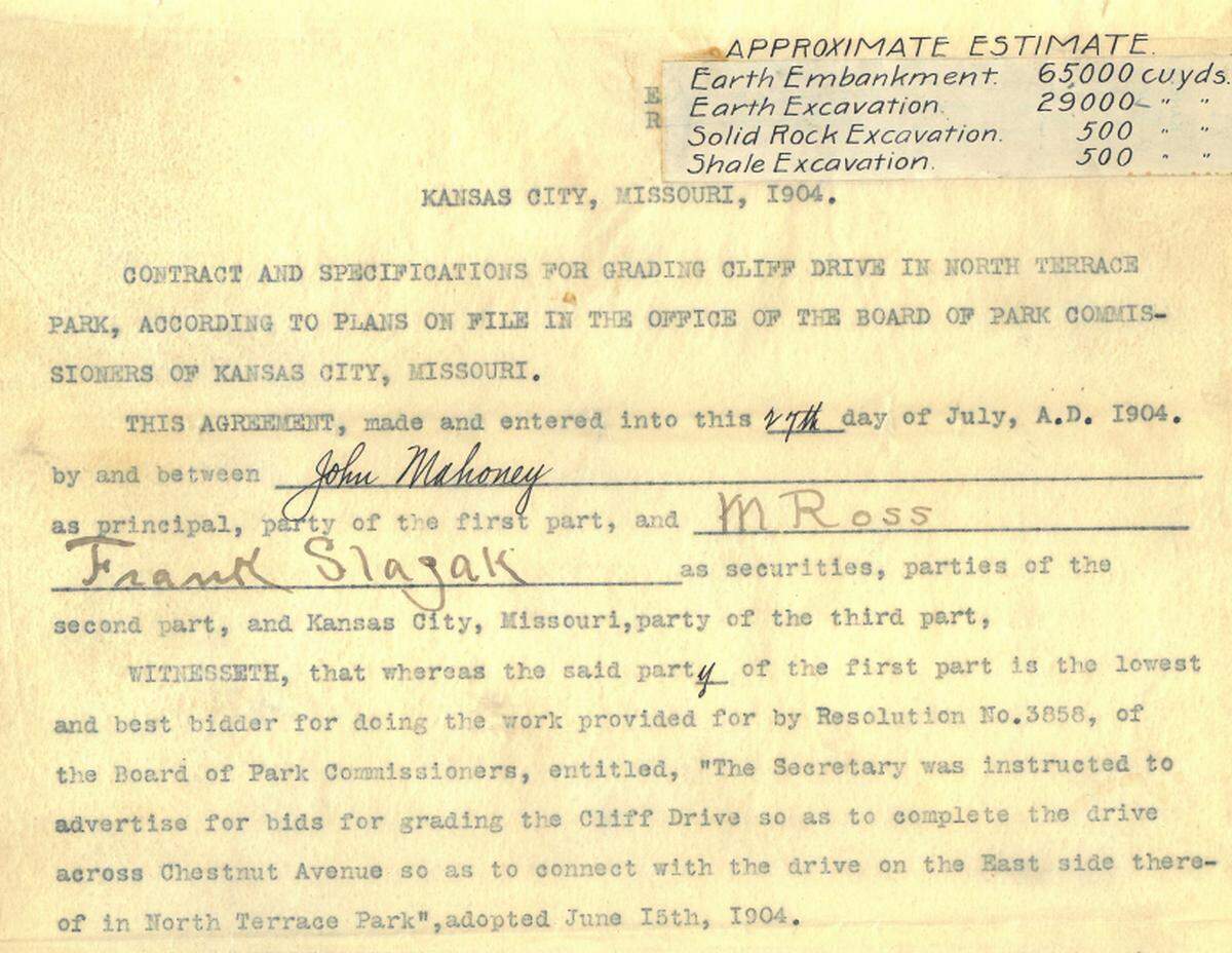 Signed contract between the city of Kansas City, Mo., and John Mahoney to complete the west section of Cliff Drive. 