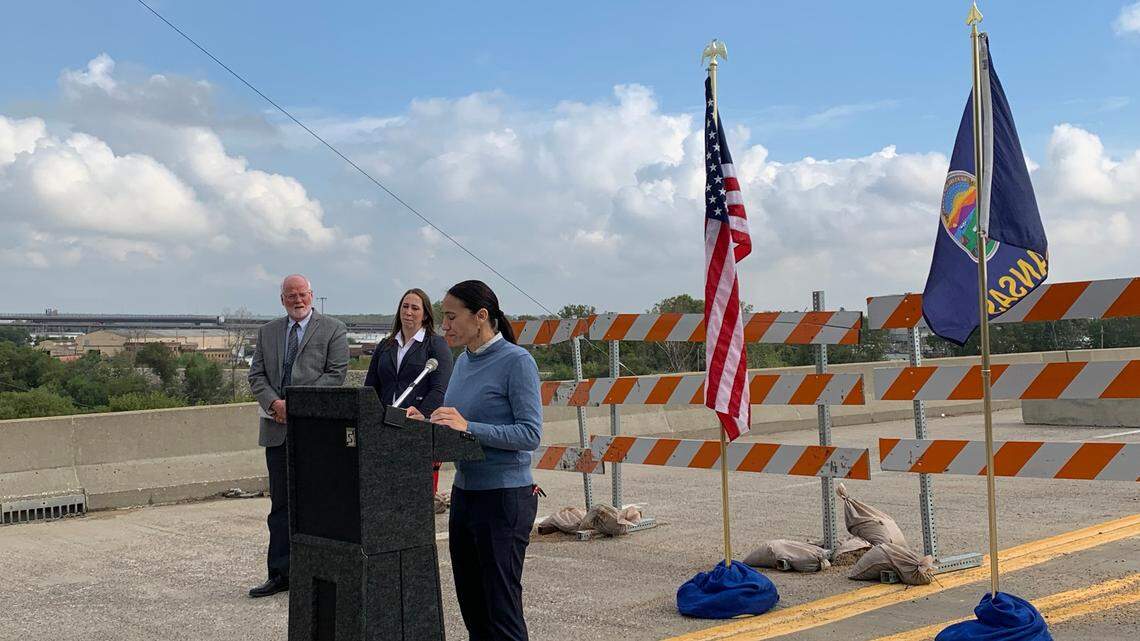 Rep. Sharice Davids (right) joins David Alvey, the Mayor of the Unified Government of Wyandotte County (left), and Lindsey Douglas, deputy secretary of transportation in Kansas at the Central Avenue bridge in KCK Thursday to discuss infrastructure needs.
