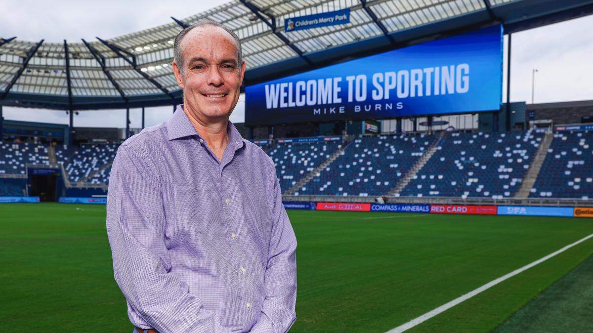 New Sporting KC sporting director Mike Burns, who was introduced to media at a news conference on July 2, 2024.