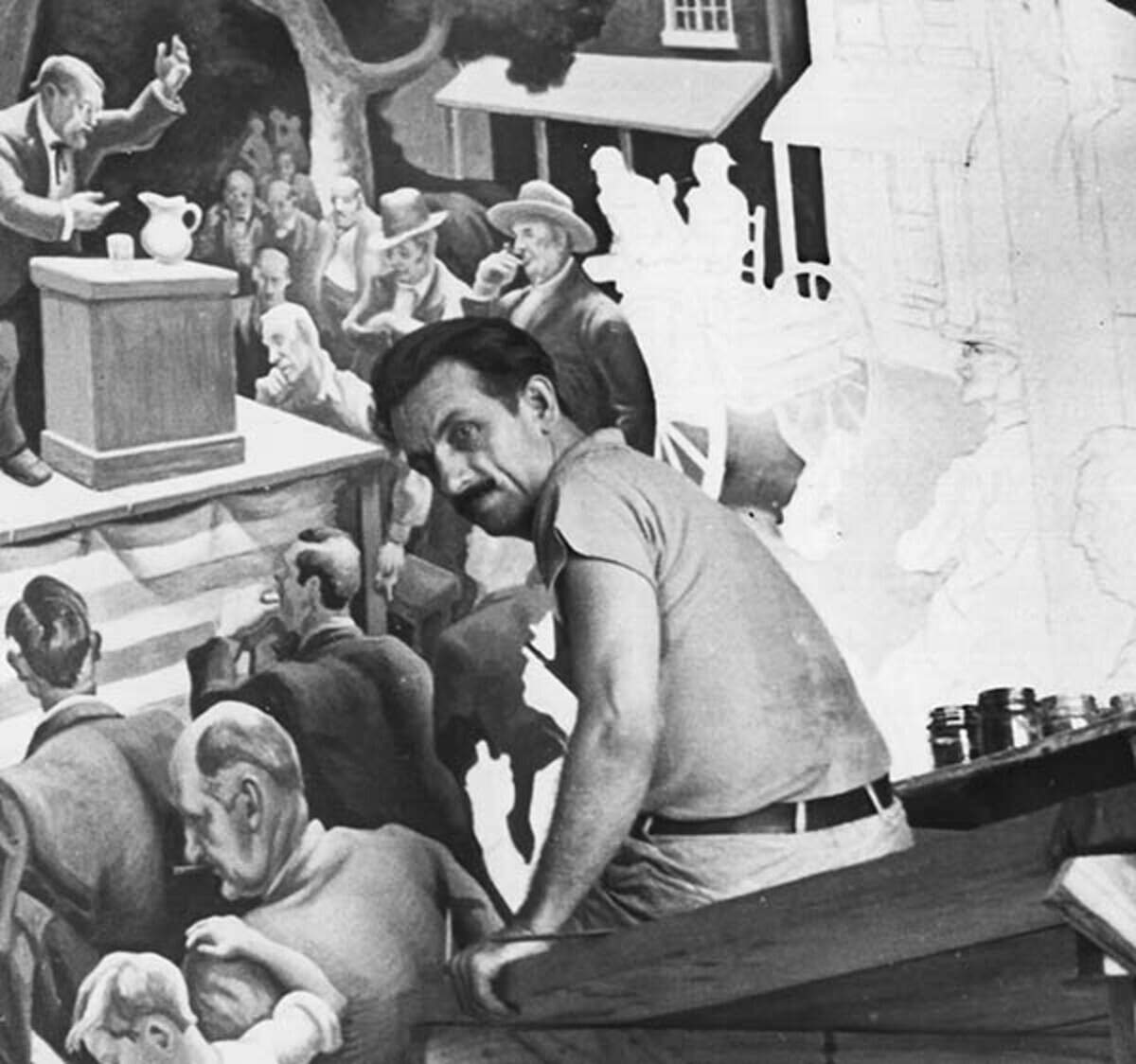 Thomas Hart Benton painted "A Social History of the State of Missouri" in 1936. Among the many real-life people depicted is his father, U.S. Rep. Maecenas Benton, giving a speech.