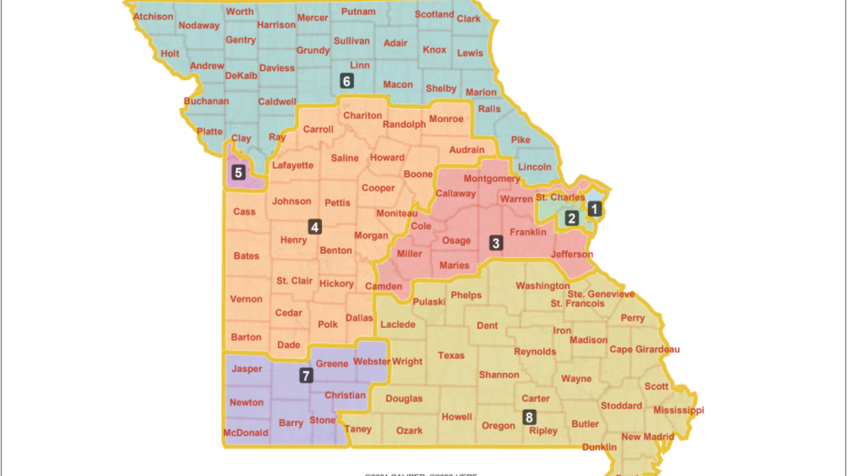 The proposed 2022 Congressional Map for Missouri introduced by the House and Senate redistricting committee.