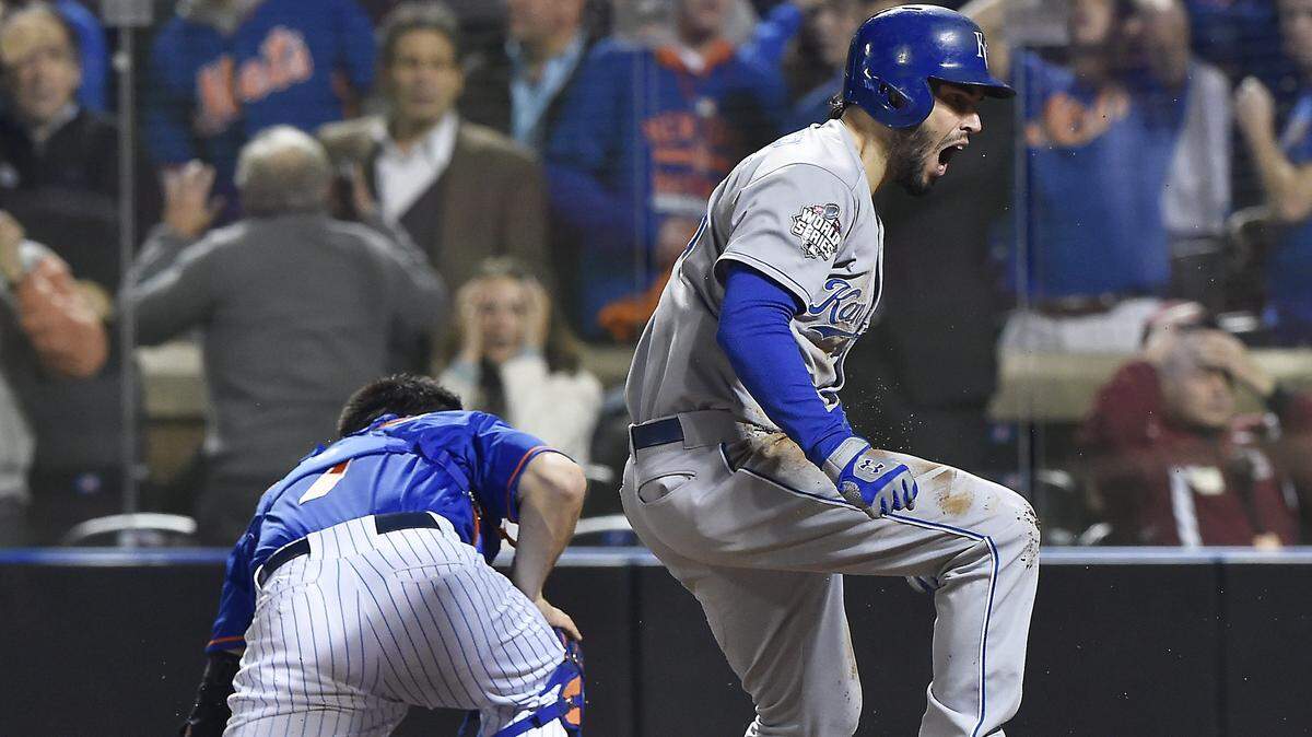 Kansas City Royals first baseman Eric Hosmer reacts after scoring in the ninth inning during Game 5 of the World Series on Sunday, November 1, 2015 at Citi Field in New York.