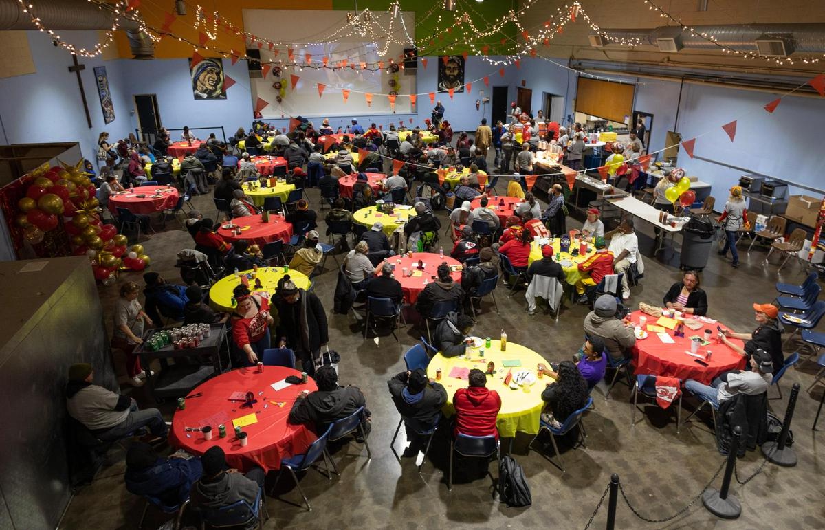 The Cathedral of the Immaculate Conception in downtown Kansas City hosted a Super Bowl watch party for the homeless on Sunday.