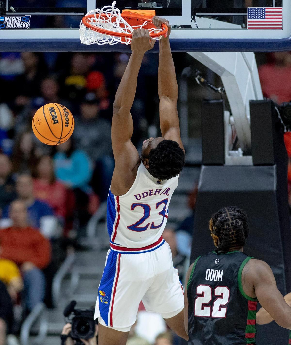 Kansas center Ernest Udeh Jr. (23) dunks the ball against Howard during a first-round college basketball game in the NCAA Tournament Thursday, March 16, 2023, in Des Moines, Iowa.