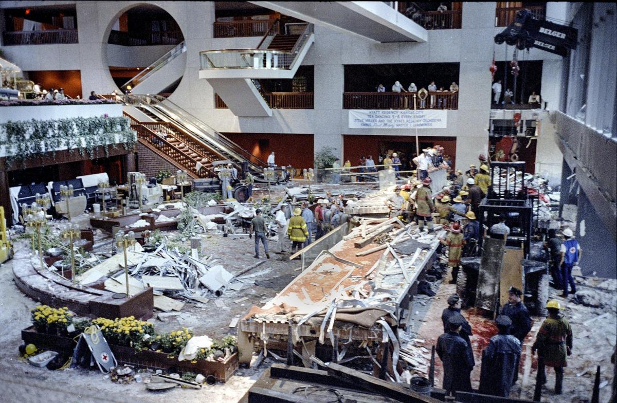 Kansas City firefighters were on the scene recovering victims hours after the initial collapse of the skywalks in the Hyatt Regency Hotel.