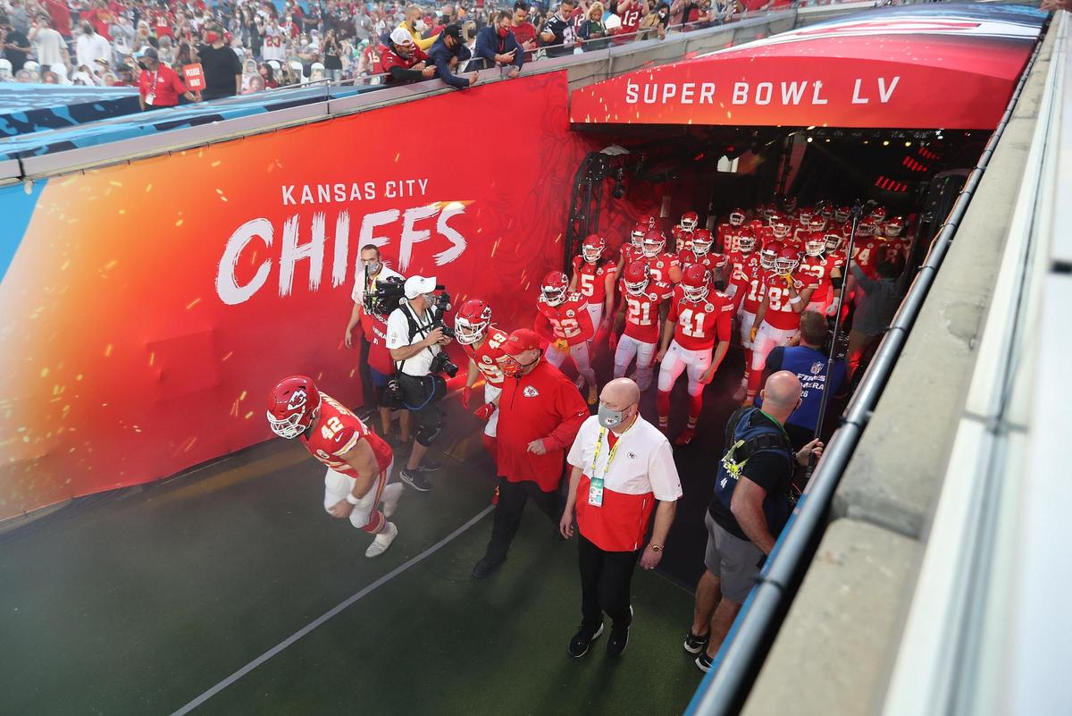 Kansas City Chiefs players take the field Sunday, February 7, 2021, during Super Bowl LV at Raymond James Stadium in Tampa, Florida.
