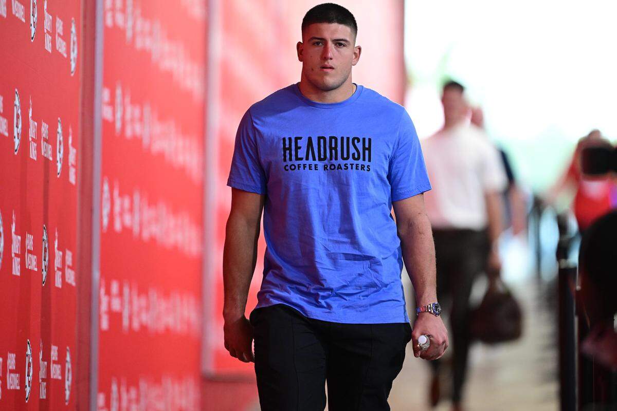 Kansas City Chiefs defensive end George Karlaftis arrives before the game with the Detroit Lions on Sunday, Oct. 12, 2025, at GEHA Field at Arrowhead Stadium.
