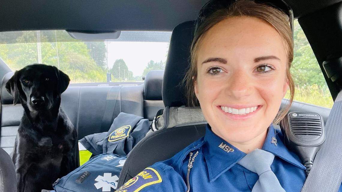 Michigan Trooper Kayla Moore adopted the dog she found after responding to an abandoned animal call, officials said.