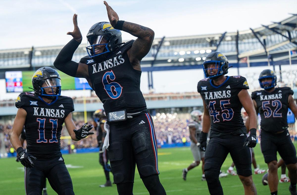 Kansas Jayhawks quarterback Jalon Daniels (6) celebrates a touchdown against the UNLV Rebels in the first half on Friday, Sept. 13, 2024, at Children’s Mercy Park in Kansas City, Kansas.